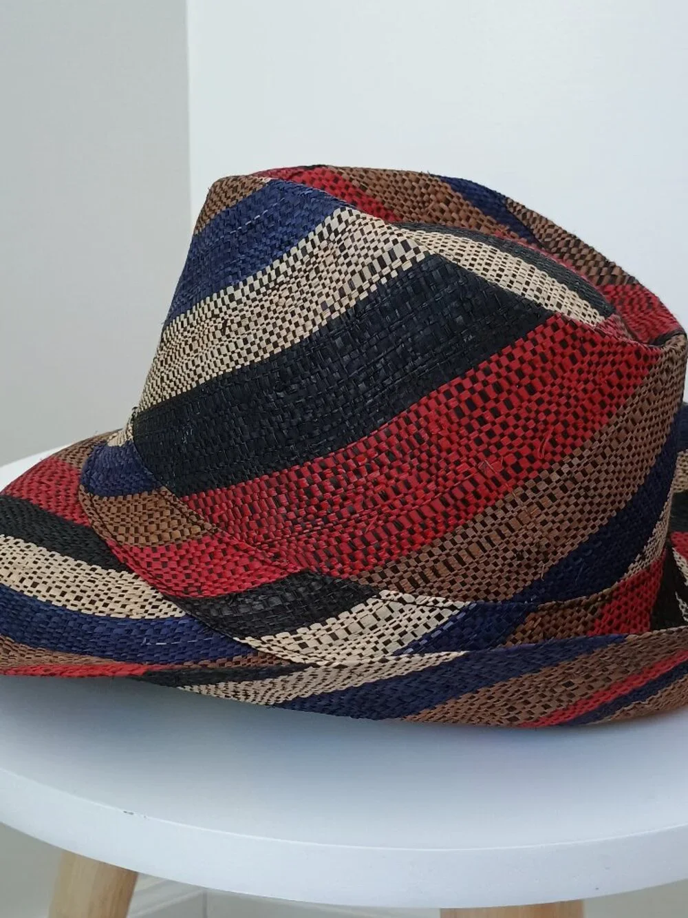 Lightweight raffia fedora hat made in Madagascar, red, blue